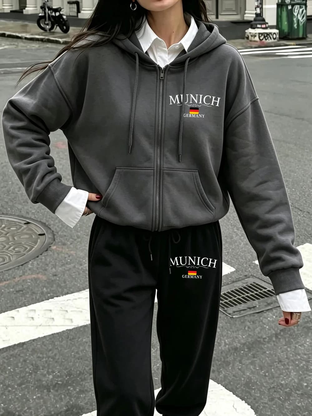 2Pcs Zipper Hoodies Set Womens Munich Germany Printed Sweatpantswinter Pocket Oversized Pants Hoody Sporty Fleece Warm Clothes