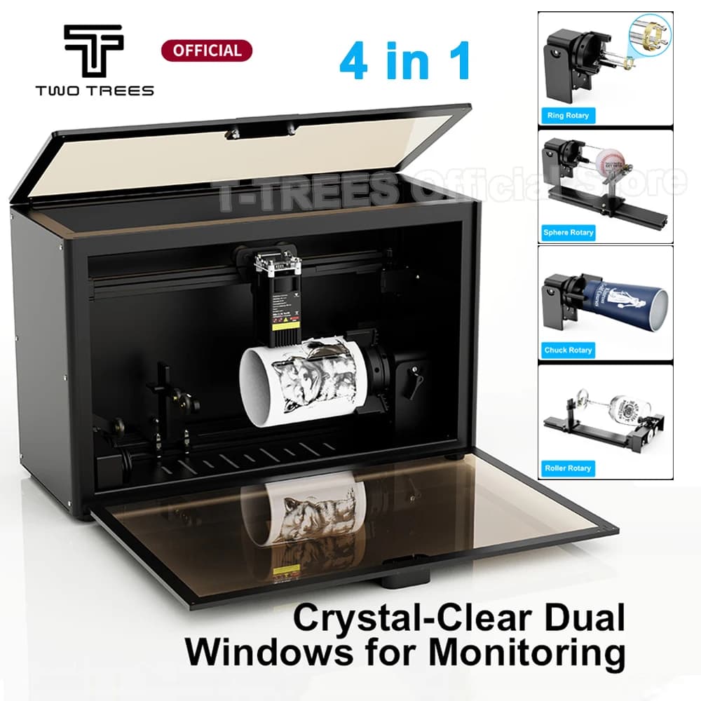 TwoTree Incisore Laser chiuso Router CNC TS5 7W Macchina per incisione laser Incisore laser rotativo 4 in 1 per anelli/tazza/vetro/palla