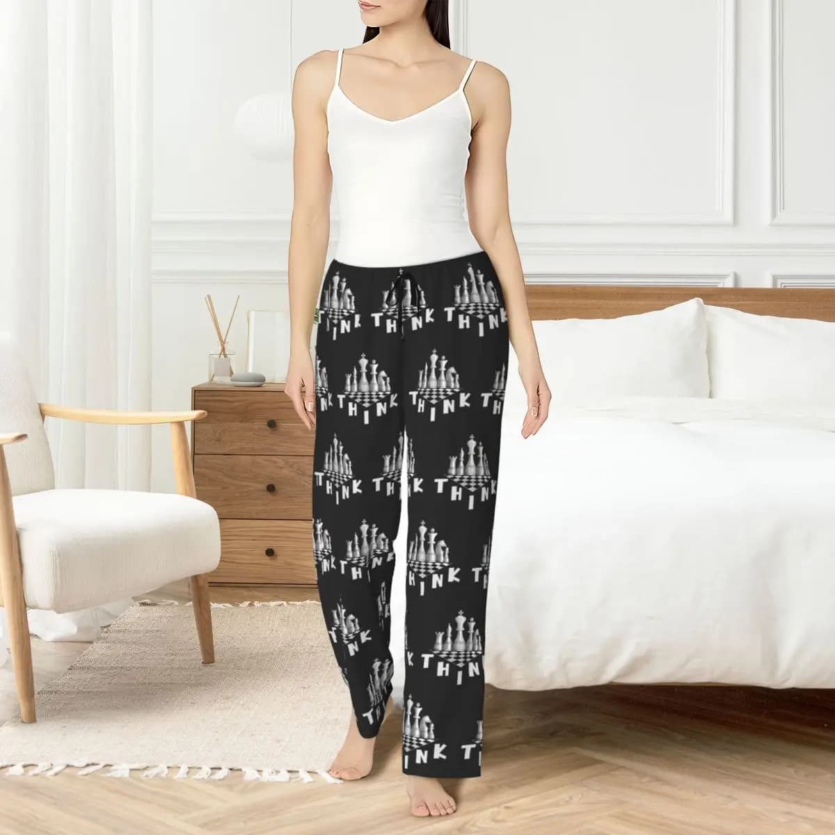 Custom Chessboard Pants Women's Nightwear Stretch Chess Belts Think Game Sleep Lounge Bottoms with Pockets