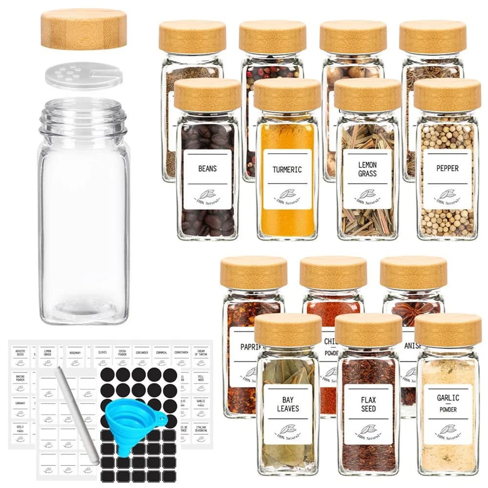 Barattoli di spezie in vetro da 12 pezzi con coperchi in bambù includono con etichette di spezie minimaliste adesivi Set di barattoli di spezie da cucina a imbuto pieghevole
