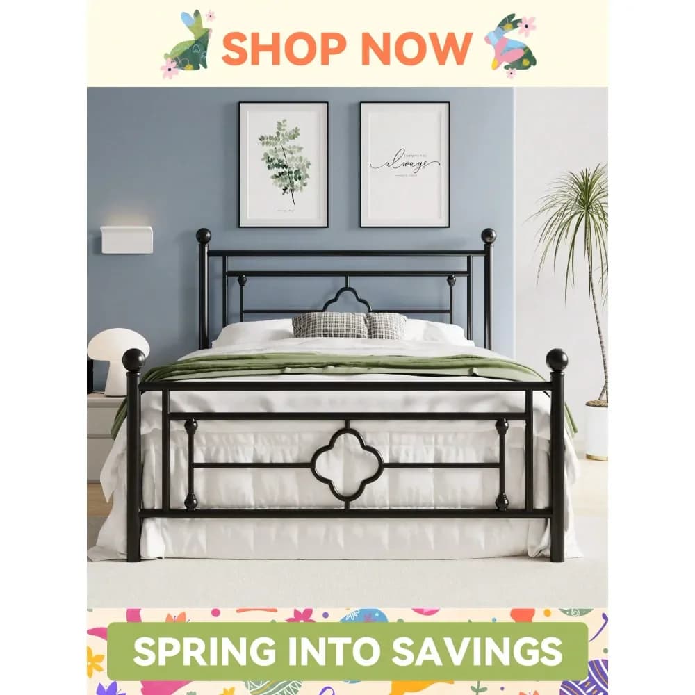 Struttura letto in metallo da 14 pollici, stile vittoriano vintage, testiera e pediera in ferro battuto, base per materasso con spazio contenitore