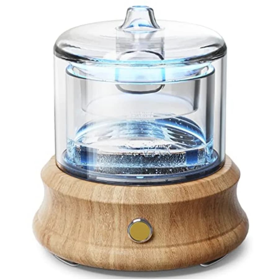 Diffusore di Oli Essenziali in Vetro 80ML, Piccolo Serbatoio in Vetro, Base in Legno Naturale, Diffusore di Aromi a Nebbia Fredda Ultrasonica con Cavo USB