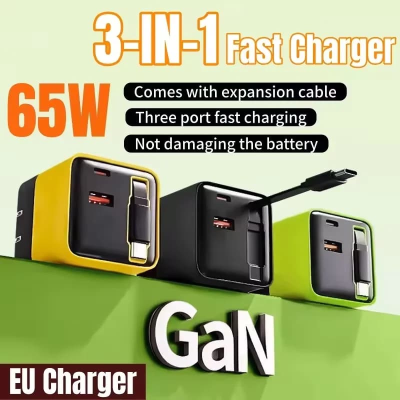 Caricabatterie rapido al nitruro di gallio da 65 W con testina di ricarica retrattile incorporata A + c a doppia porta per telefoni Apple Huawei Xiaomi 2026