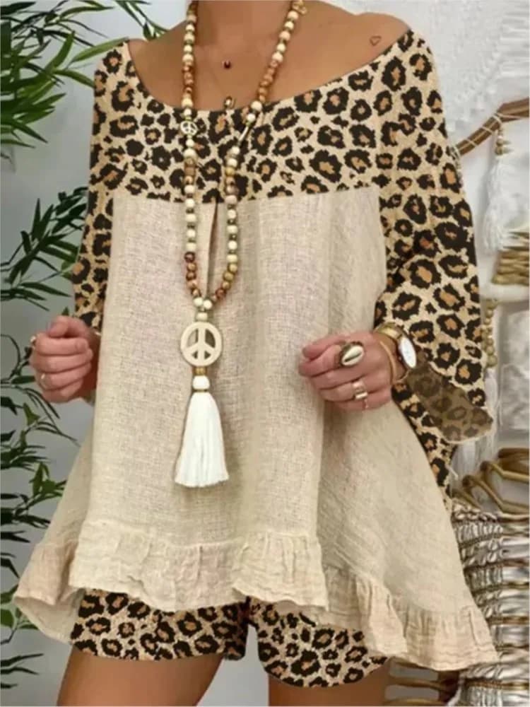 Complete patchwork leopardate Women's Cotton and Linen blouse Top and wide shorts Vintage complex in two pieces Women's Boho print