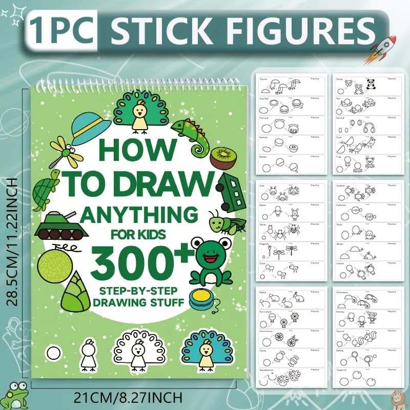300+ Step-by-Step 1pc Green Stick Figure Drawing Book Art Learning Painting Supplies with Cartoon Dinosaur & Frog Designs Book