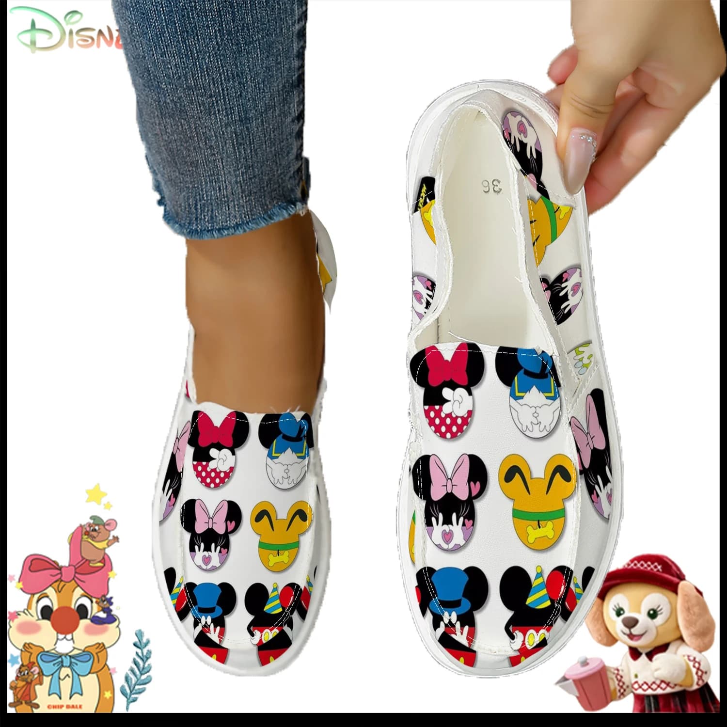 Sneakers slip-on da donna con faccine di personaggi Disney, scarpe casual leggere e traspiranti per tutti i giorni