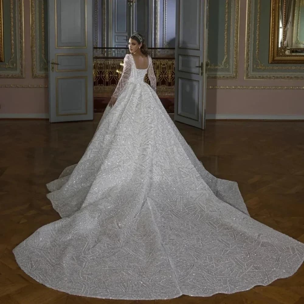 Custom Luxury Wedding Dress with Square Neck, No Back, With Sparkling Sequins, Long Sleeves, De Novia Dress