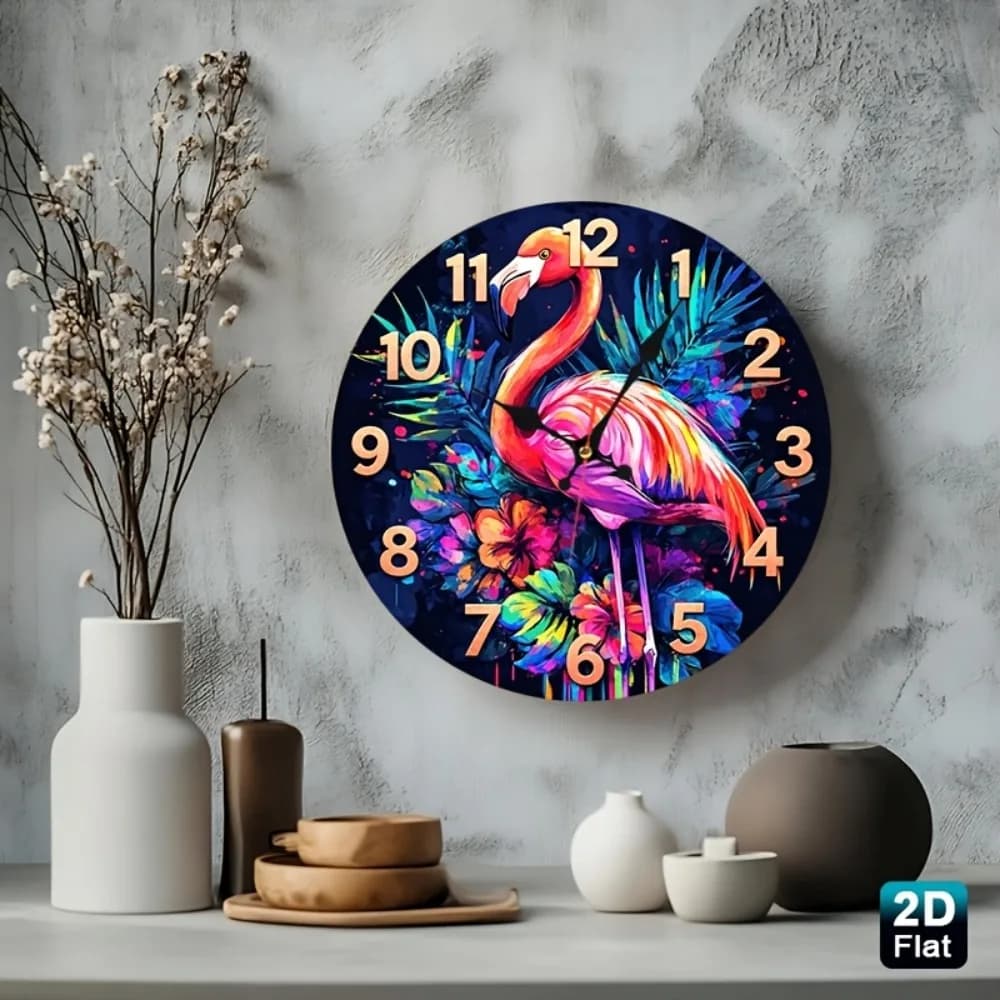 1pc 1pcs 12-Inch Tropical Flamingo Wall Clock - Silent Non-Ticking Nursery Decor with Wood Frame, Suitable for Room, Nursery, Ki