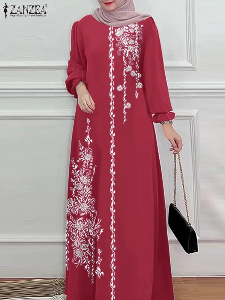 Autunno Abiti Musulmani Vintage Dubai Turchia Abaya Hijab Vestito Estivo ZANZEA Donne Della Boemia Stampato Floreale Abito Lungo Veste Femme 2025