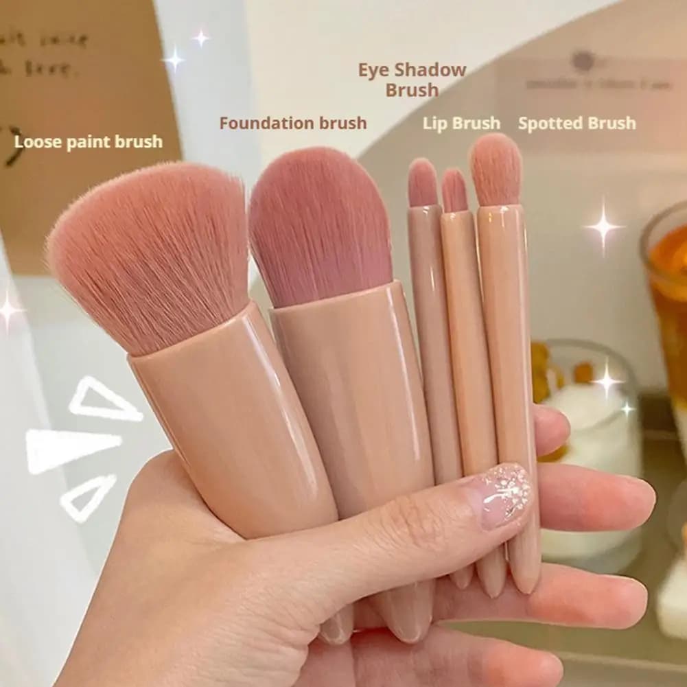 Set di 5 Mini Pennelli da Trucco Portatili con Specchio, Morbidi Pennelli per Fondotinta, Cipria e Ombretto, Kit da Viaggio per Makeup