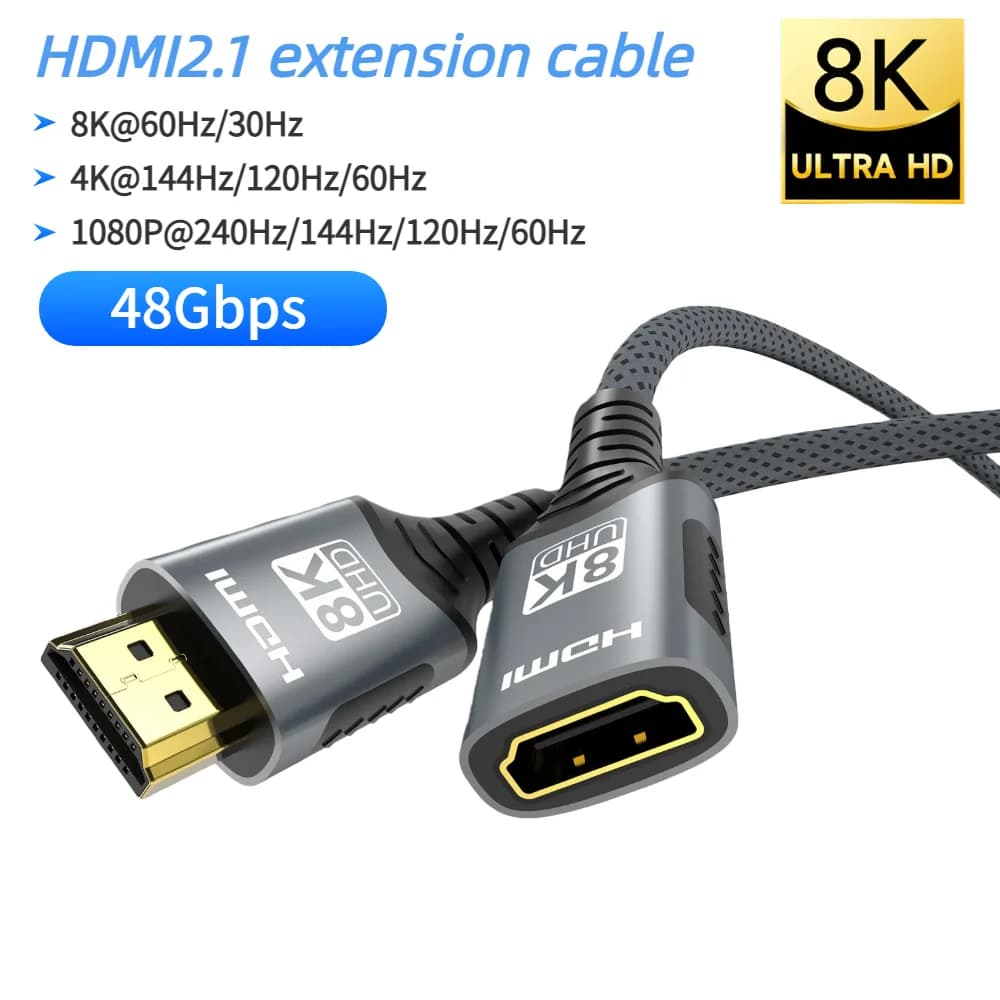 HDMI 2.1 8K extension cable at 60Hz HDMI 2.1 male-female bidirectional 48Gbps 4K 120Hz for HDTV RTX PS5 Xbox HDR Video portable PC