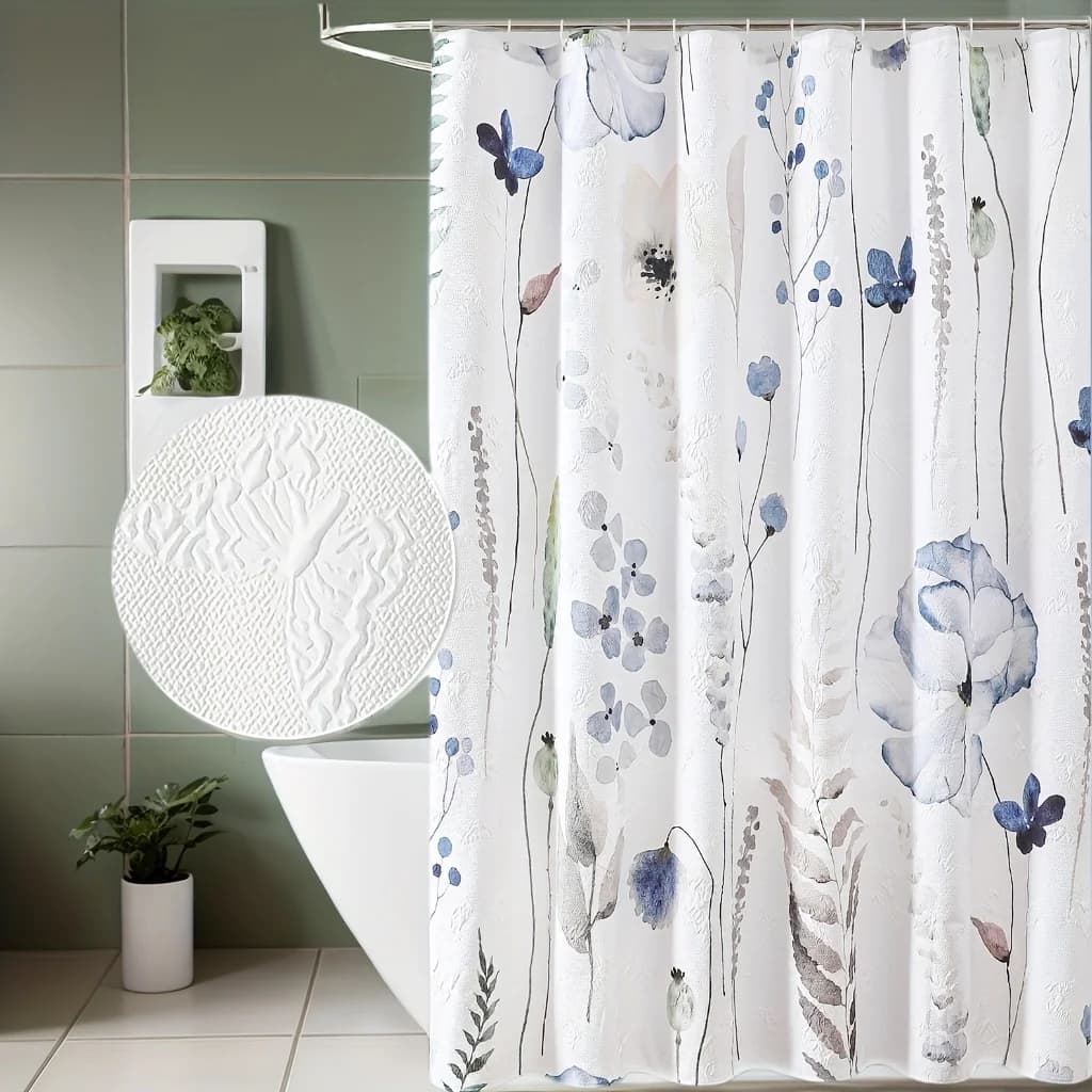 Tenda da doccia con farfalle e fiori di campo in rilievo e acquerello - Bianco minimalista, tessuto impermeabile, design strutturato con ganci