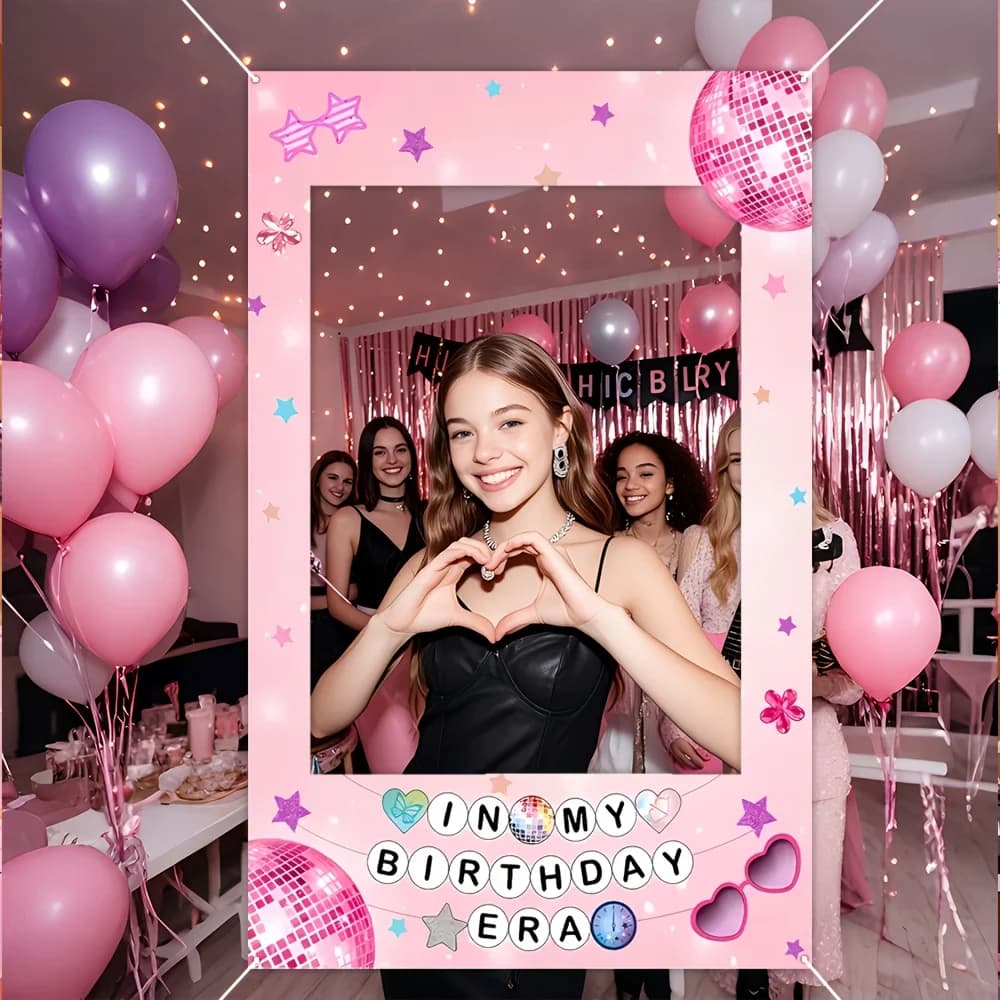 1 portafoto rosa a tema Happy Birthday con loghi con motivo stella, cuore e discoteca, adatto per feste a tema di compleanno
