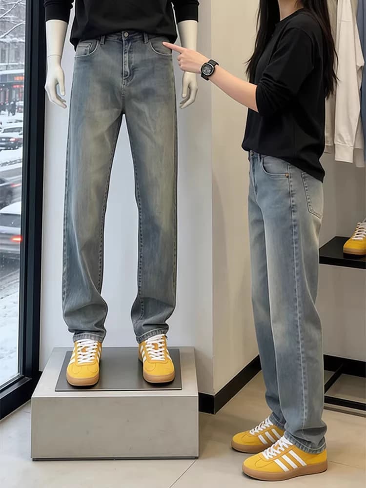 Jeans Retro Blu Slim Fit a Gamba Straight Man Woman, Spring Straight Version, Slender Effect, American Style, Knife Flare Model