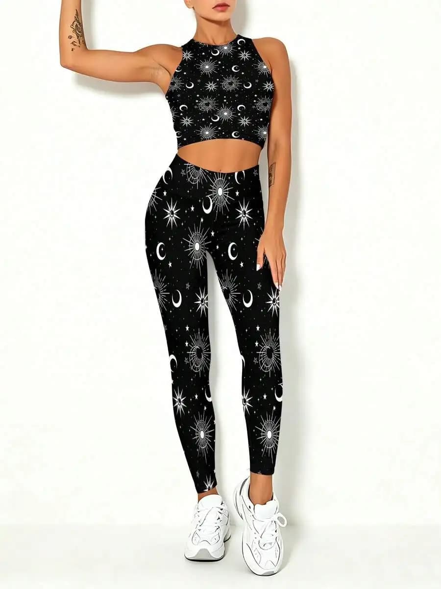 Set da yoga con stampa cosmica da donna, gilet ad asciugatura rapida e leggings, modello casual con motivo stella, luna e sole, abbigliamento sportivo casual