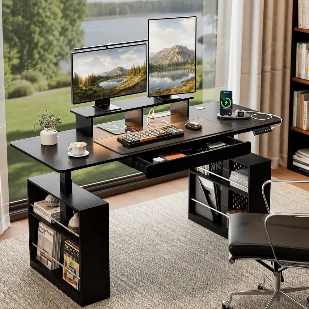 63x24 Inch Electric Sit Stand Desk with Drawer, Standing Desk with Power Outlet, LED Lights, 2 Open Storage and Monitor