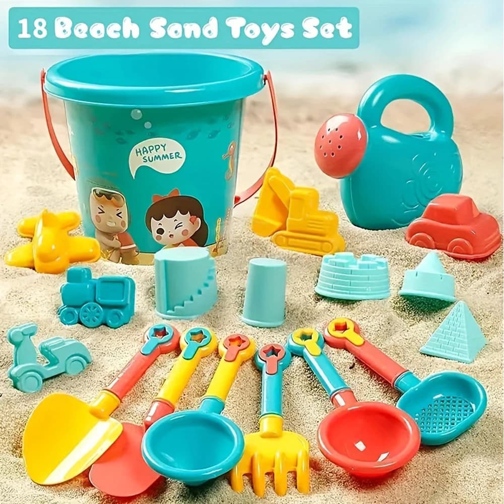 Set di giocattoli per sabbia da spiaggia da 18 pezzi, plastica resistente, set da gioco per spiaggia in piscina estiva, strumenti per giochi con sabbia all'aperto per ragazzi e ragazze, grandi vacanze