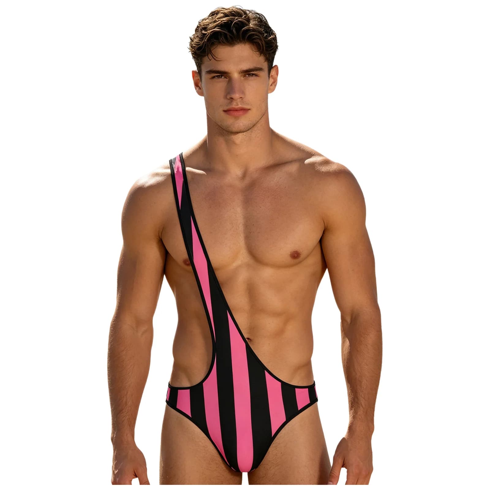 Costume da bagno intero da uomo monospalla, modello Mankini, con perizoma, ad asciugatura rapida, traforato a righe, per spiaggia
