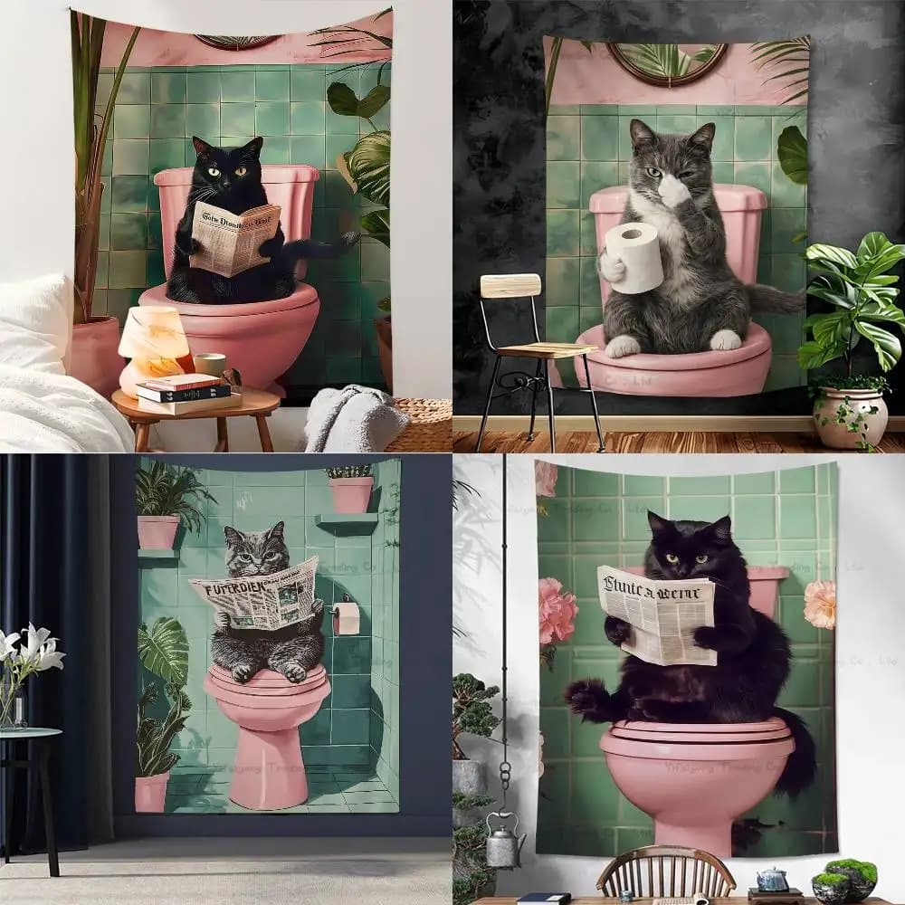Bathroom Cat Reading on Toilet DIY Wall Tapestry for Living Room Home Dorm Decor Wall Art Decor