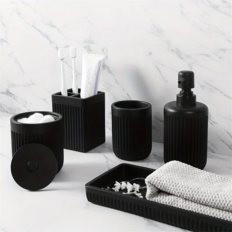 Matte Black Bathroom Accessories Set – Glass Soap Dispenser, Toothbrush Holder & Resin Tray for Modern Sink Counter Decor