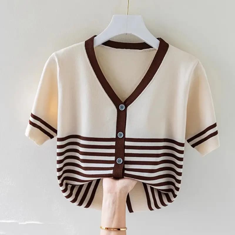 Abbigliamento donna elegante moda a righe manica corta t-shirt estate Casual sciolto tutto-fiammifero maglia top Office Lady pullover sottili