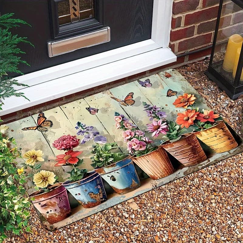 1pc Long-Haired Flannel + 0.39 inch Sponge Base Entrance Area Floor Mat, Featuring a Wood Grain Potted Plant Floral Print Design, Made of Polyester That Is