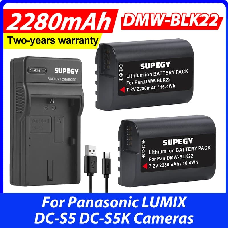 2280mAh DMW-BLK22 DMW BLK22 Battery + USD Charger for Panasonic LUMIX DC-S5 DC-S5K Cameras