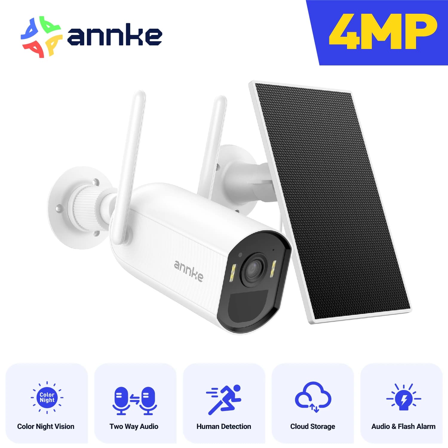 ANNKE 4MP Solar Battery WiFi 6 Security Camera, 2.4G/5GHz Dual-Band Wireless Outdoor Cam, PIR Human Detection, Two-Way Audio, Color Night Vision, IP65
