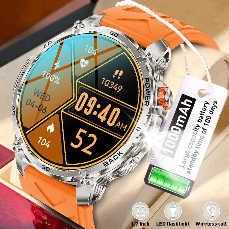 LIGE New 1000mAh Large Battery 100 days Standby Smart Watch Men Flashlight Waterproof BT Call Sports Smartwatch For Android ios