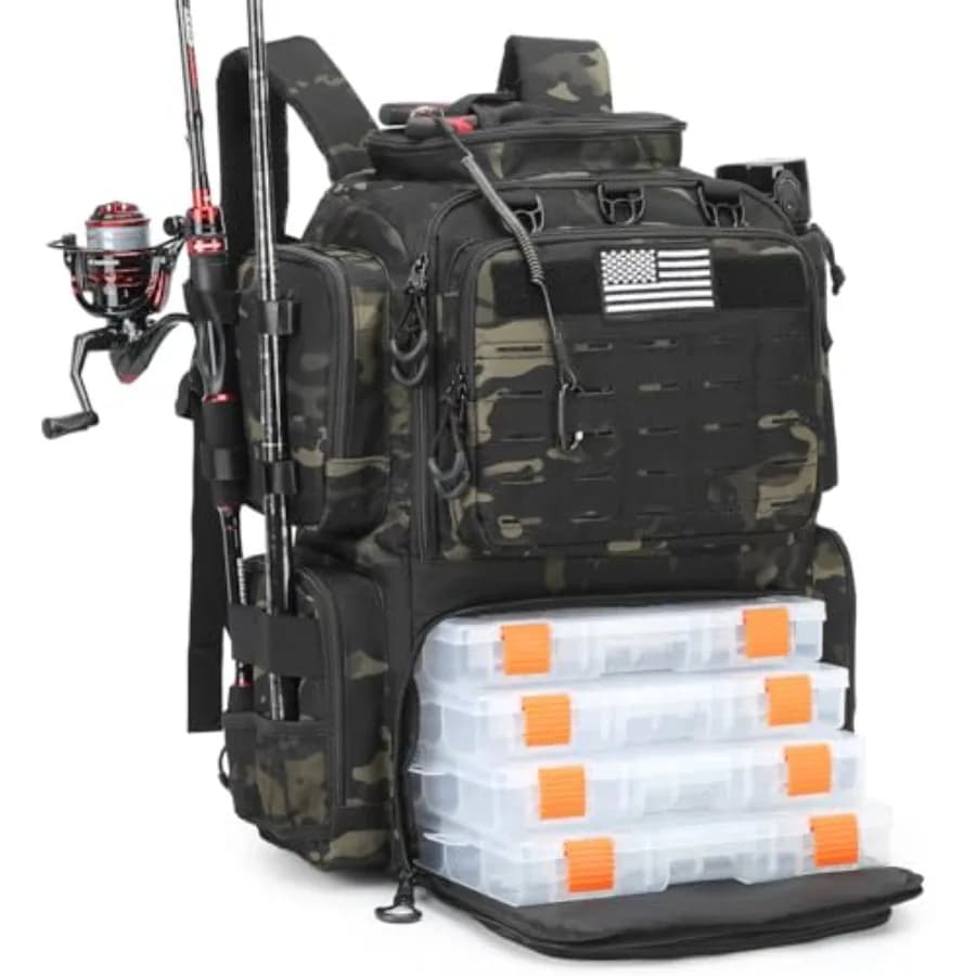 Zaino Tattico da Pesca con Scatole Porta Attrezzi, Portacanne, Portabottiglie, Zaino da Pesca Isolato Grande da 50 L