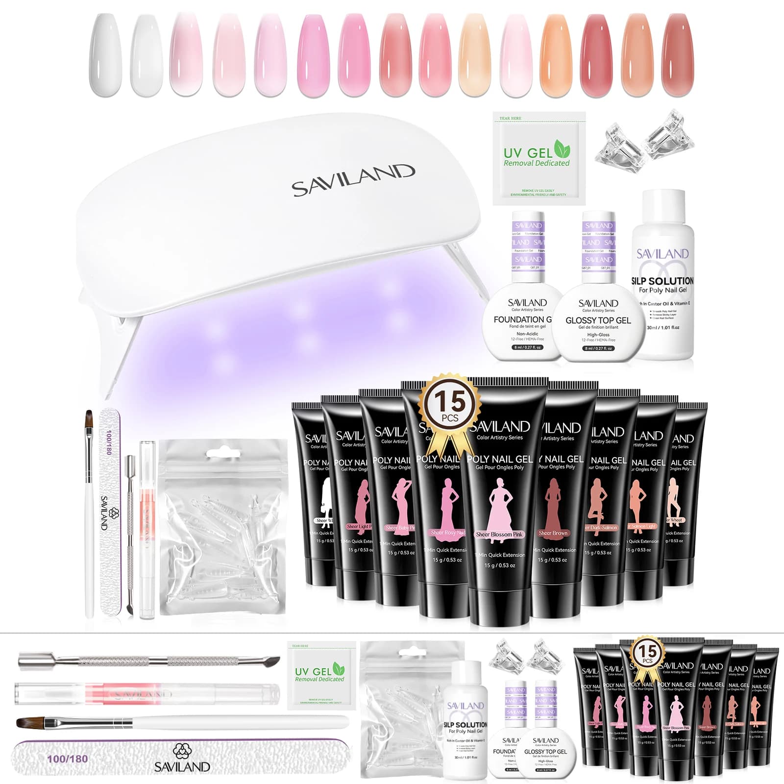 SAVILAND Gel for Extension Nails without HEMA, 15 Colors, Long Duration 4 Weeks, Natural Transparent, White, Pink, Nude with Solution Slip, UV Lamp, DIY