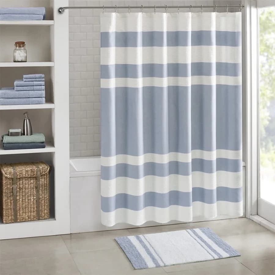 Medium Pile Cotton Reversible Bathroom Rug Non-Slip Bath Mat Blue 20"W x 30"L