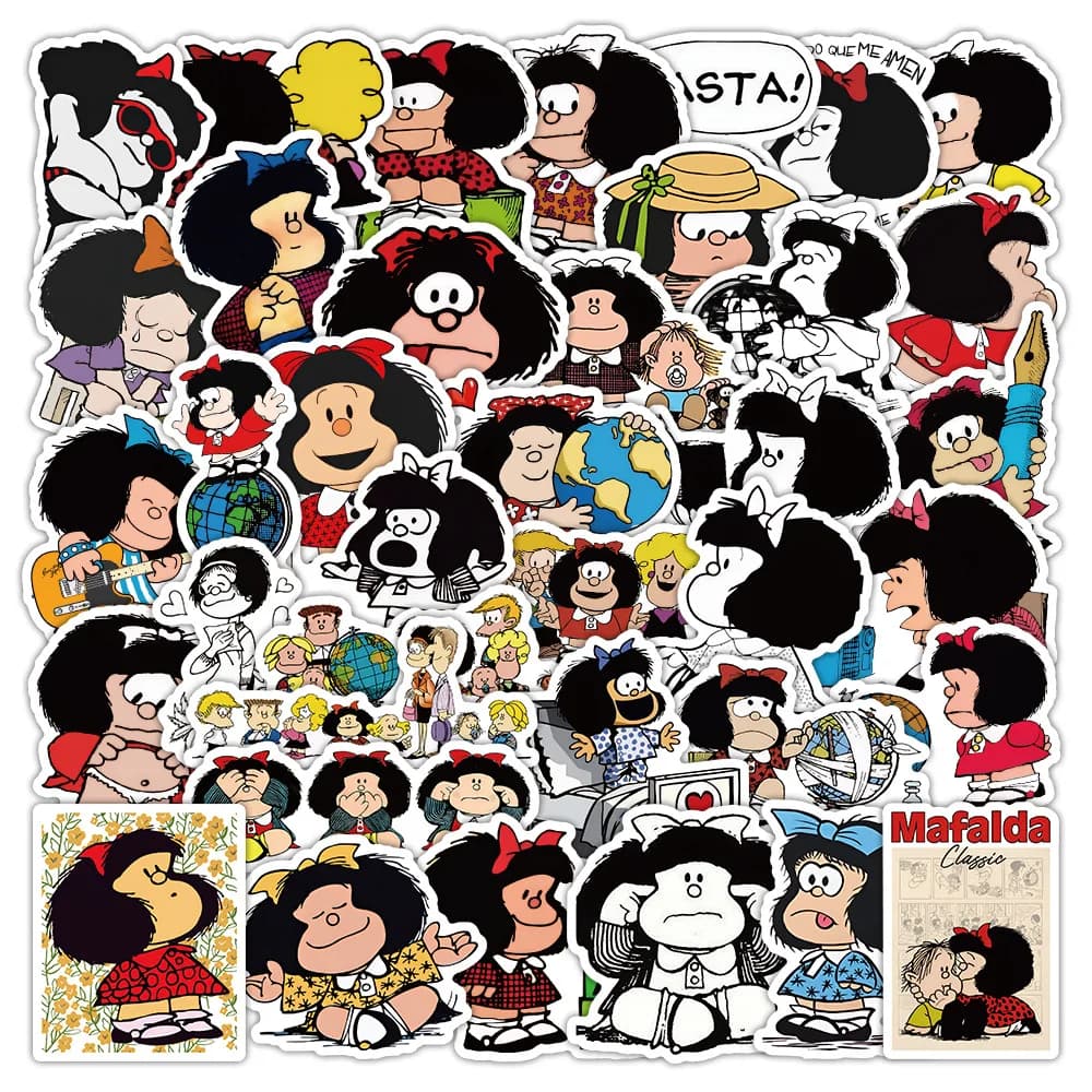 50 Adesivi MAFALDA per Feste, Adesivi per Bambini, Cartoni Animati, Skateboard, Frigorifero, Graffiti, Valigie, Telefono, Quaderni, Regalo di Compleanno per Bambini
