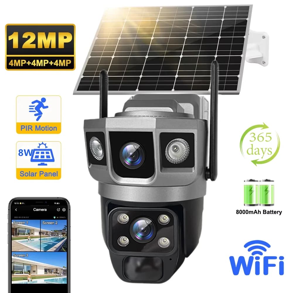 Telecamera IP WIFI Solare V380 Pro 12MP, Telecamera di Sorveglianza PTZ Esterna 6K con Due Lenti, Tre Schermi e Tracciamento Automatico