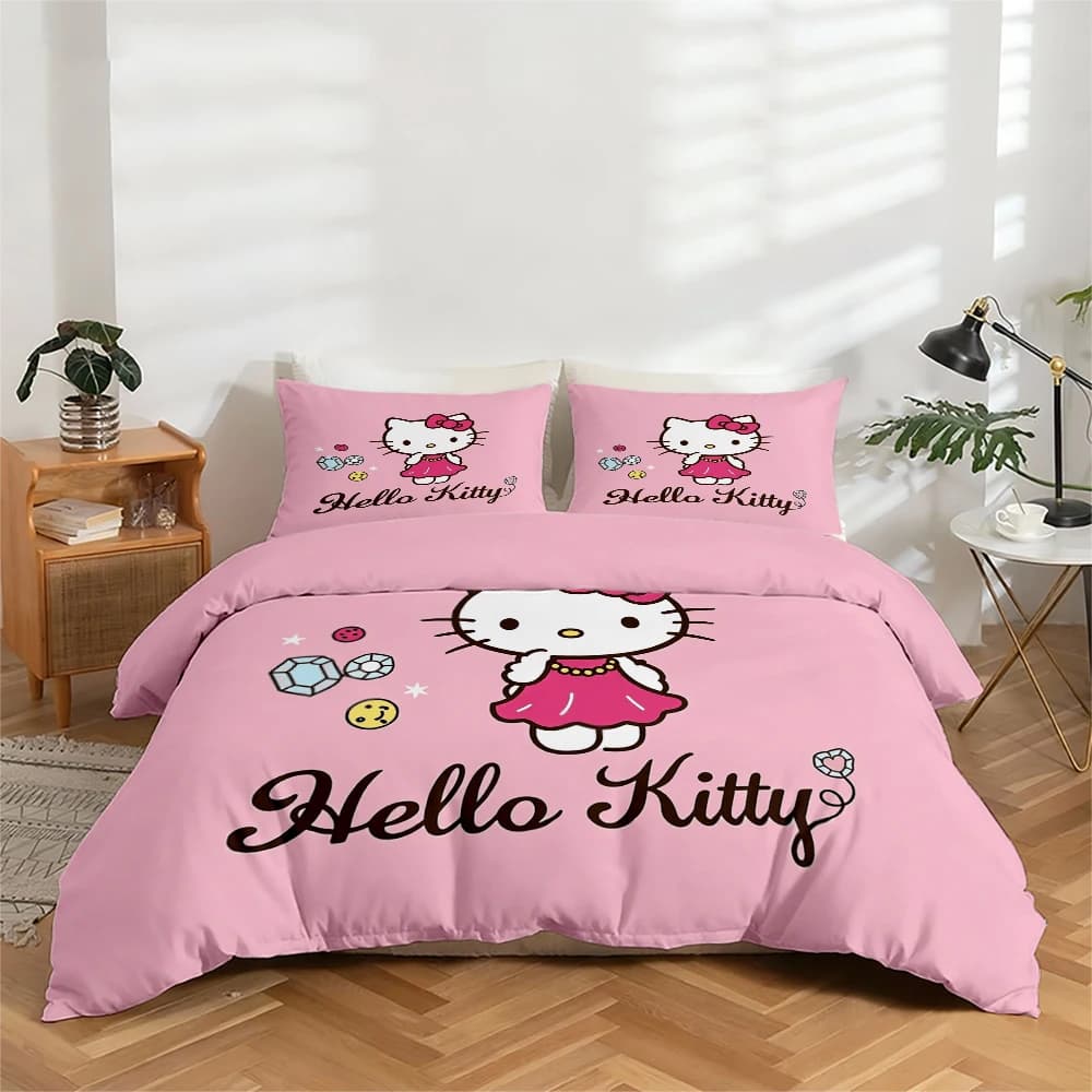 Bed linen set with high definition digital print in 3 pieces with Hello Kitty pattern, nice set with floral pattern, includes 1 cushion + 2 pillowcase, suitable for bedroom, guest room, home decoration, duvet + polyester fiber pillowcase, ultra soft bed linen, thick fabric, suitable for all seasons, washing machine