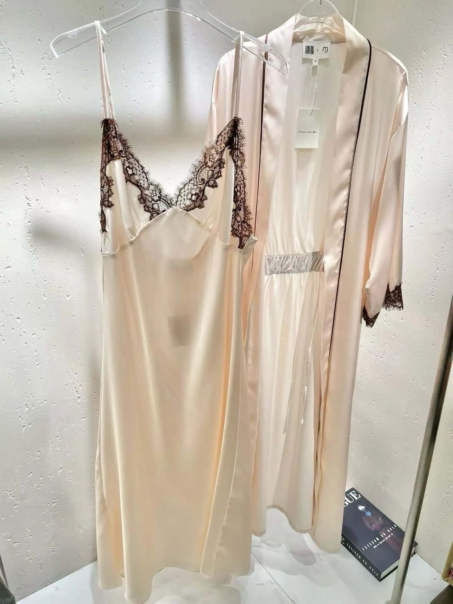 Women Silk Satin 2 Piece Pajama Sets Contrast Lace Long Nightdress Spaghetti Strap Camisole Dress Kimono Dressing Gown Sleepwear