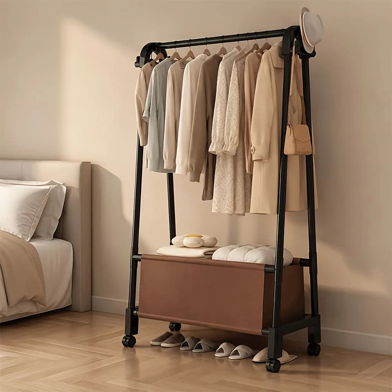 Freestanding Rolling Metal Garment Rack with Large Storage Basket - Portable Bedroom Clothes Organizer with Hat Hooks Bag Bar And Fabric Bin for Coats Shirts Shoes
