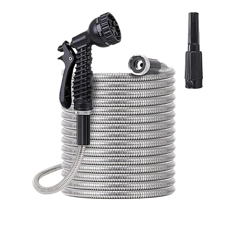 100 Foot 304 Stainless Steel Garden Pipe With Spray Gun, Lightweight, Durable And Unfolded, Metal Water Pipes For Gardening