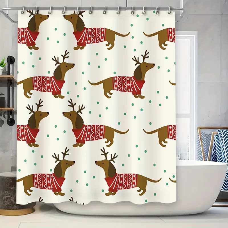 Lovely Christmas-themed shower curtain with reindeer dogs in cozy sweaters, perfect for the festive decor of the bathroom!