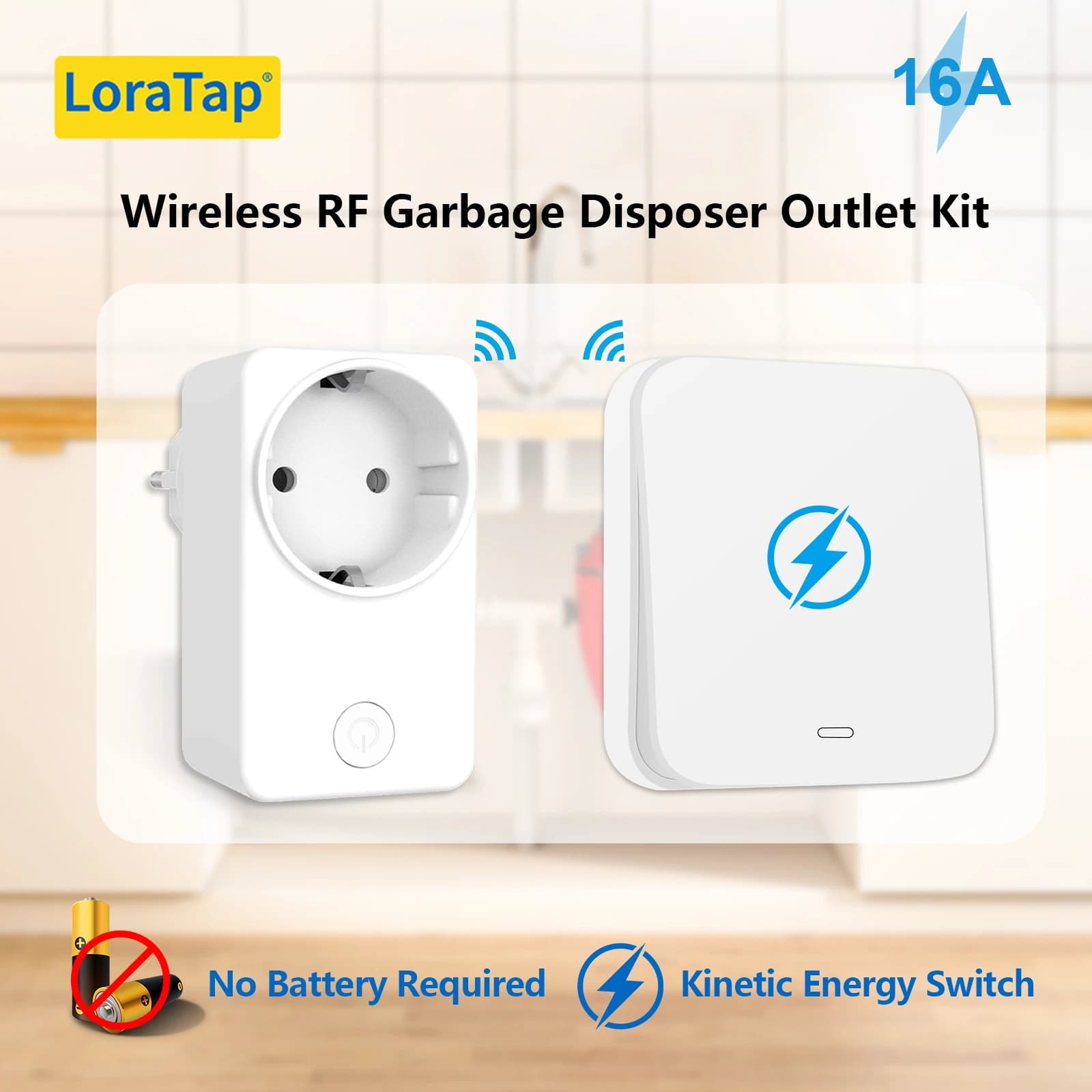 LoraTap Presa EU wireless 16A con interruttore cinetico impermeabile per tritarifiuti alimentari, ventola, forno e microonde