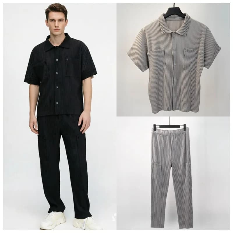 Miyake Pleated Shirt Set Plisse Men 2026 Summer New Short Sleeve Pleats Casual Shirt Jacket Men's Retro Fashion Fold Clothing