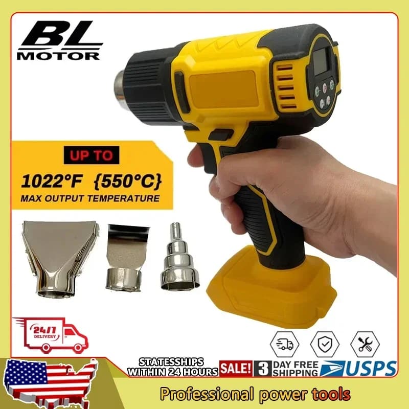 Pistola ad Aria Calda Cordless Compatibile con Batteria Dewalt 18V, Display Digitale, 3 Ugelli, per Imballaggio Industriale