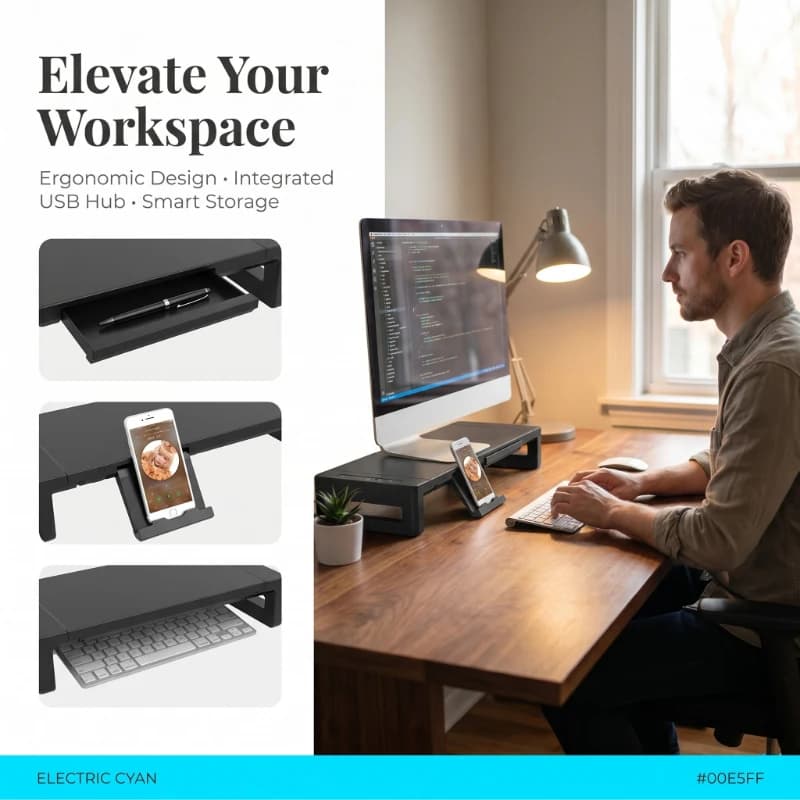 Supporto per Monitor in Metallo con Docking Station, Rialzo per Computer da Scrivania, Organizzatore per Laptop e Scrivania