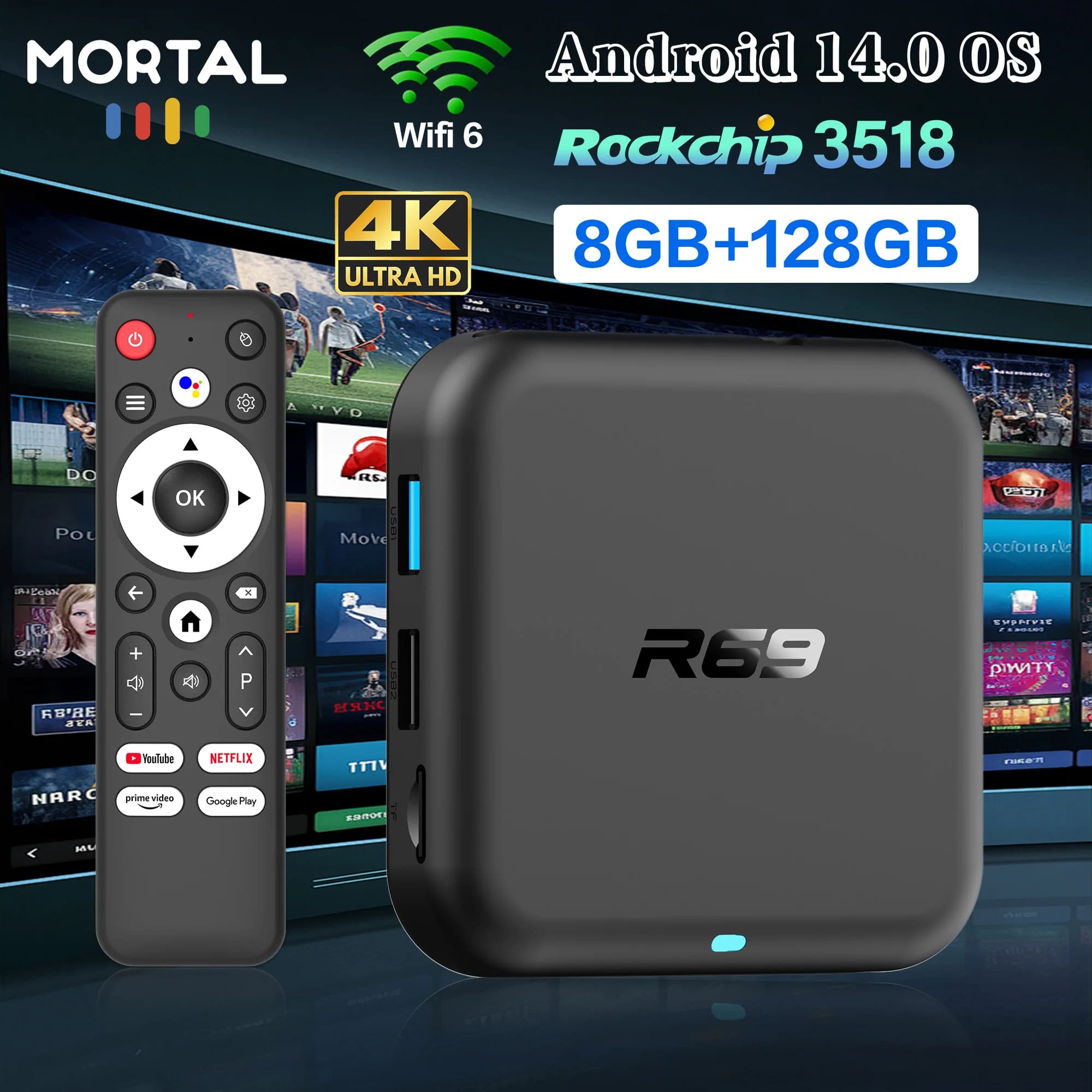 Smart TV Box Android 14.0 Google Voice Chromecast Gams 4K HDR 8GB 128GB BT 5.0 WIFI 6 RK3518 R69-1 Home Theater TV Set-top Box