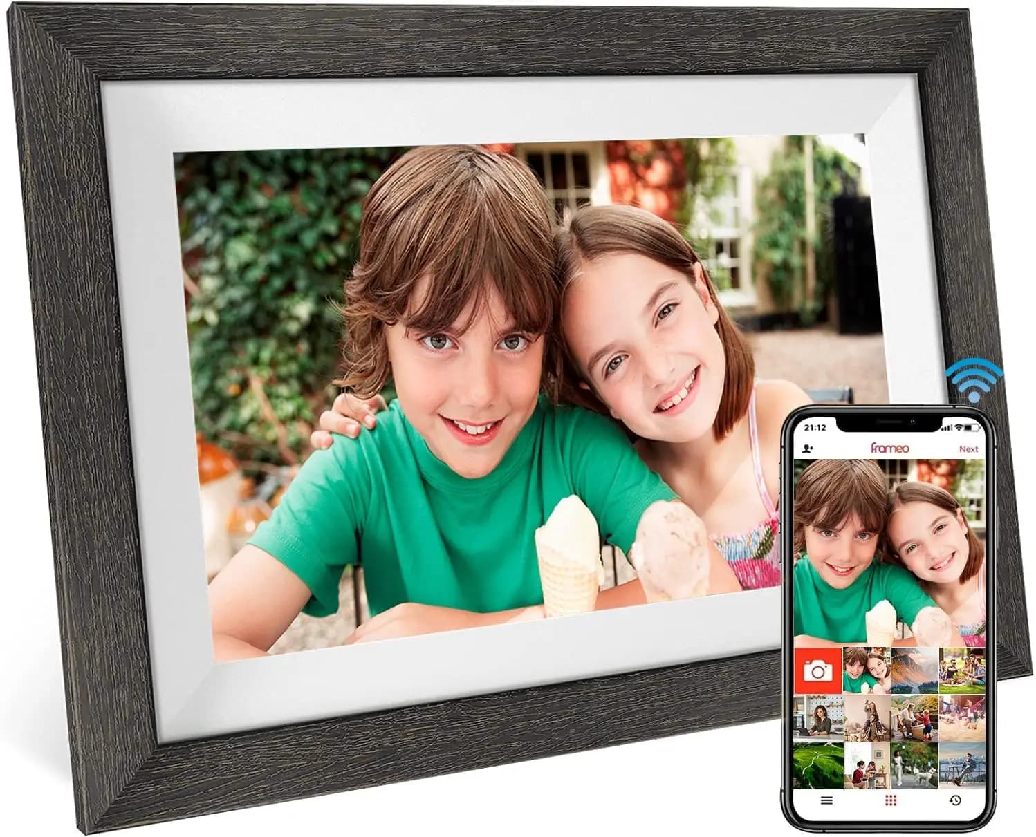 Cornice Digitale WiFi da 10.1 Pollici, Schermo Touch HD 1280x800, Memoria 32GB, Rotazione Automatica, Montabile a Parete, Condivisione Foto e Video
