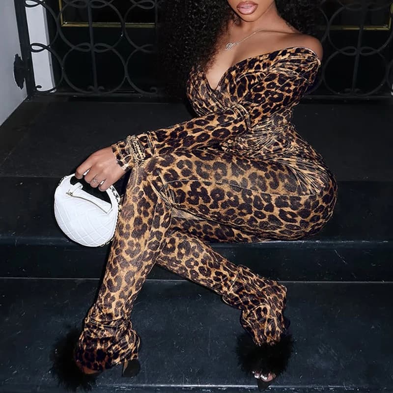 BKLD 2026 Spring Leopard Print 2Pieces Matching Set Women's Fashion Sexy Off-shoulder V Neck Tops+Trousers Nightclub Slim Outfit