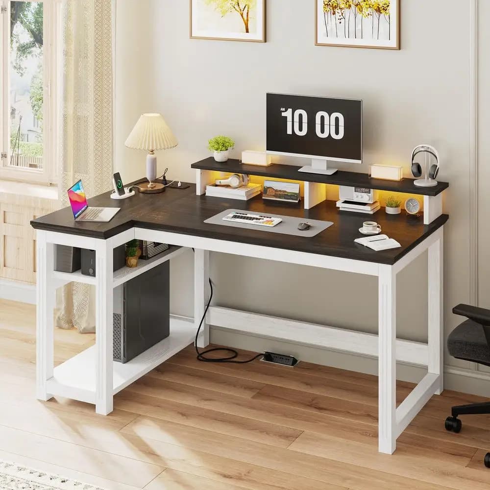 Scrivania per computer 47.3 con supporto per monitor e luci LED, scrivania da ufficio in stile rustico con presa di corrente e ripiani portaoggetti per l'home office