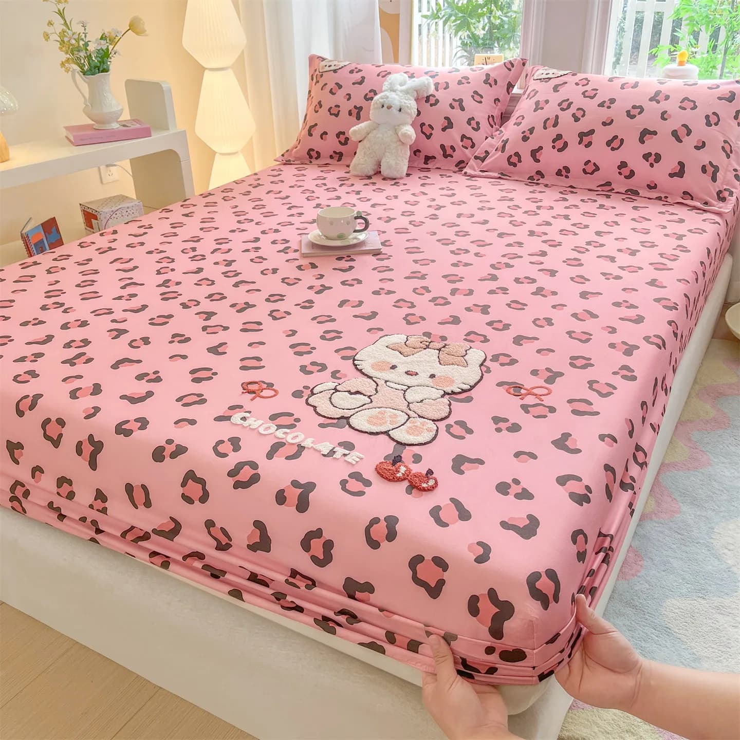 Lenzuolo con Angoli in Cotone 100% con Stampa Leopardata, Ricamo a Nido d'Ape, Protezione Materasso Singolo/Queen/King con Elastico