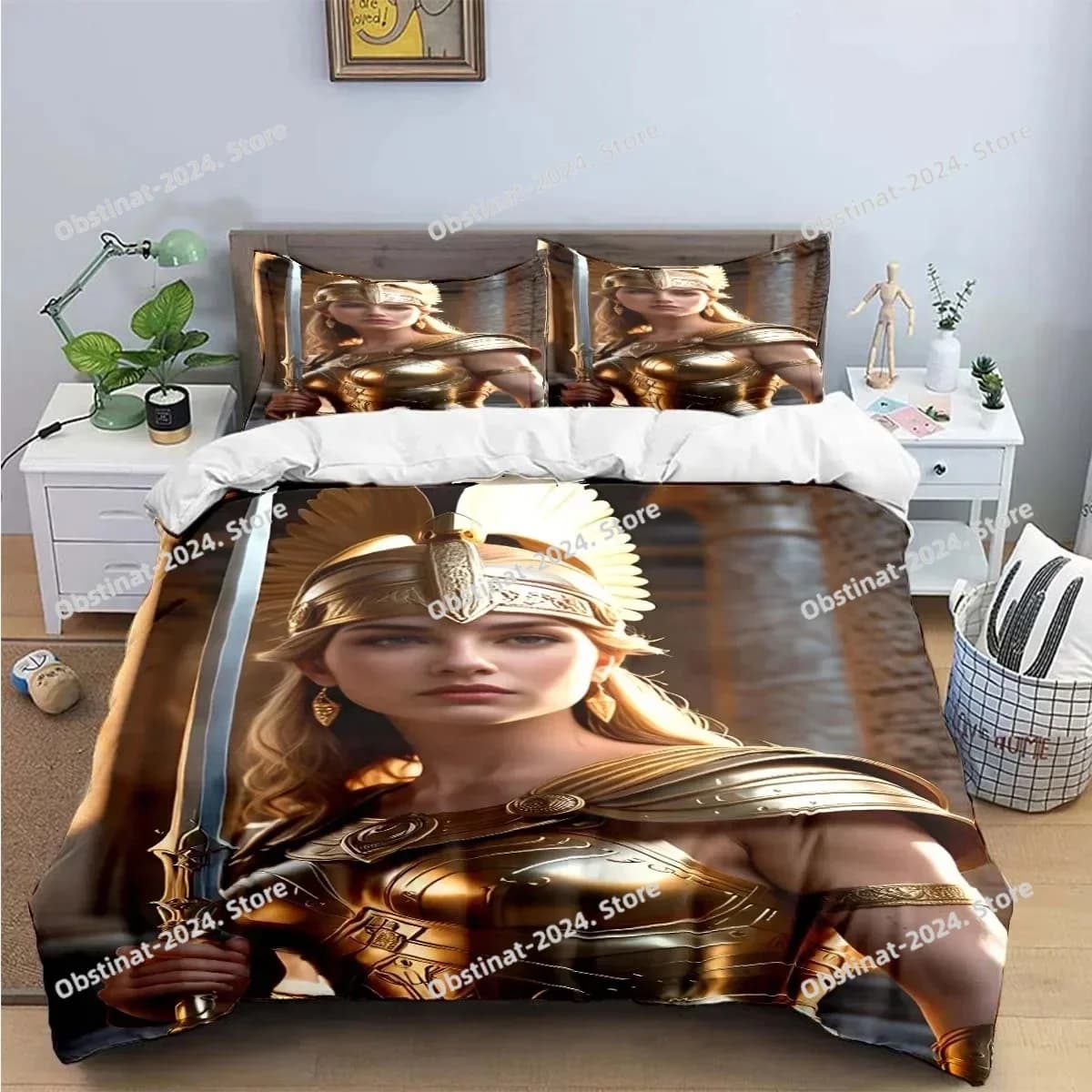 Mitologia greca 3D Atena Stampa Stampa creativa Copripiumino Federa Set biancheria da letto Set di lenzuola piatte in tre pezzi di grandi dimensioni per quattro stagioni
