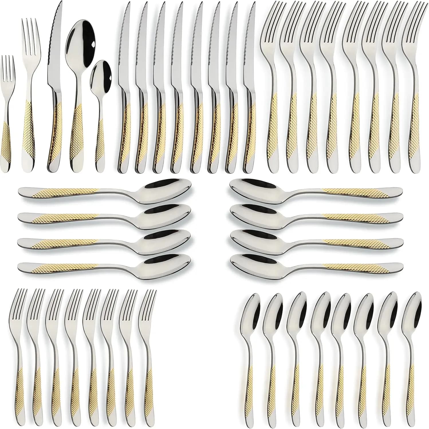 Set of 40-piece gold stainless steel cutlery for 8 people, includes knives, spoons and forks for home, kitchen and hotel